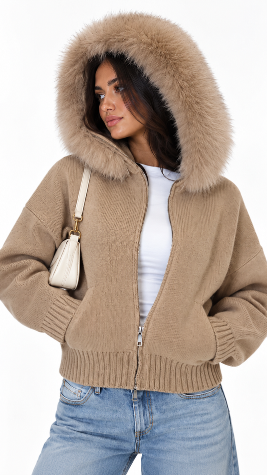 Fur Hood Knit Jacket