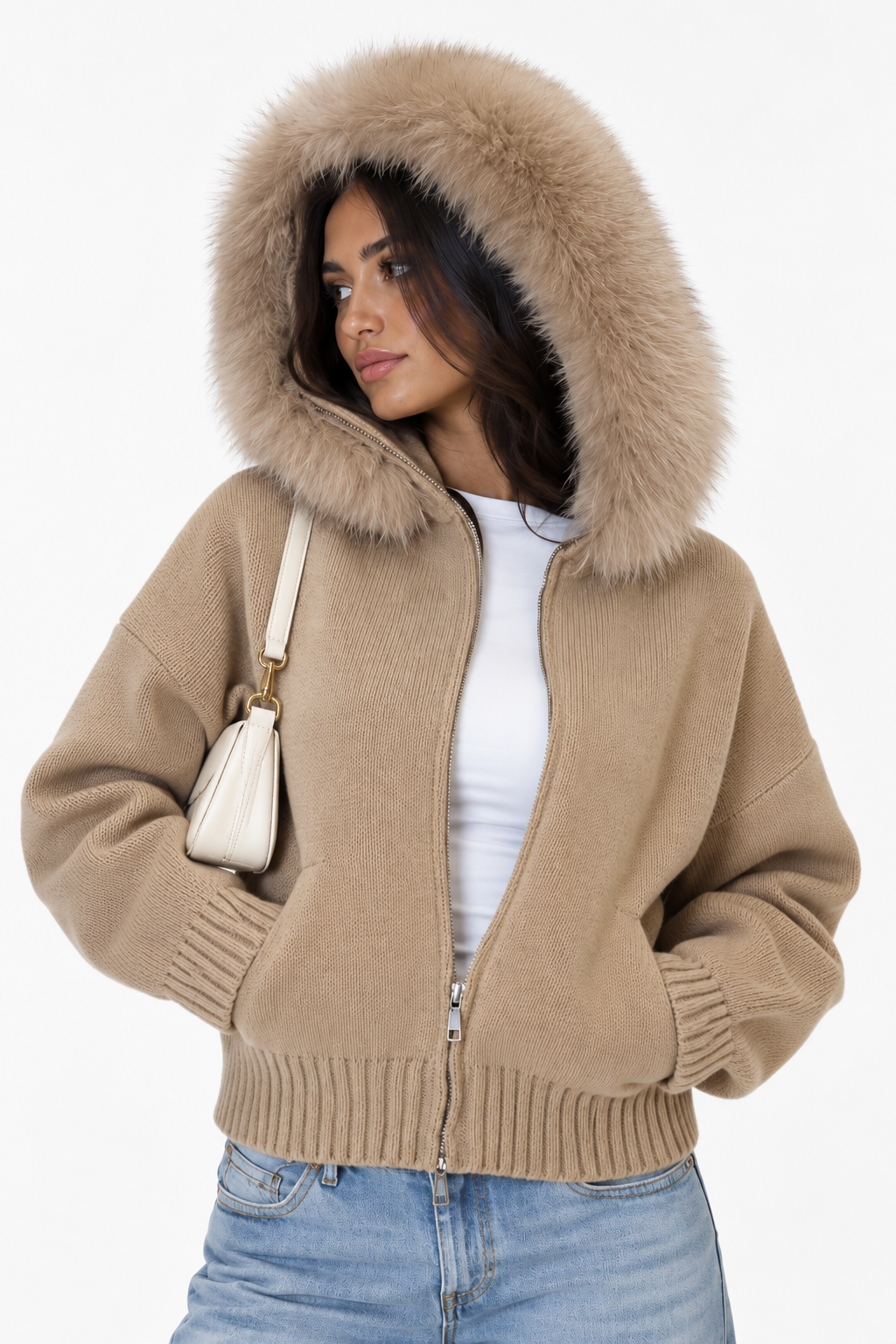 Fur Hood Knit Jacket