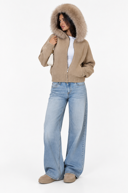 Fur Hood Knit Jacket