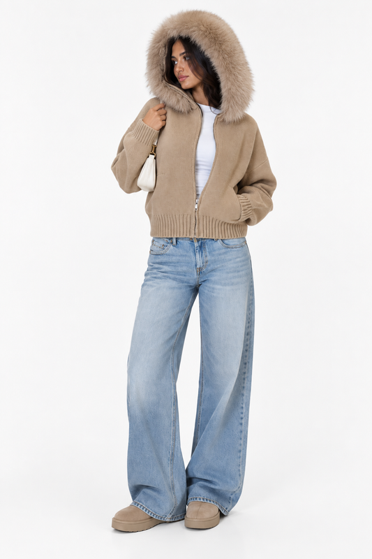 Fur Hood Knit Jacket