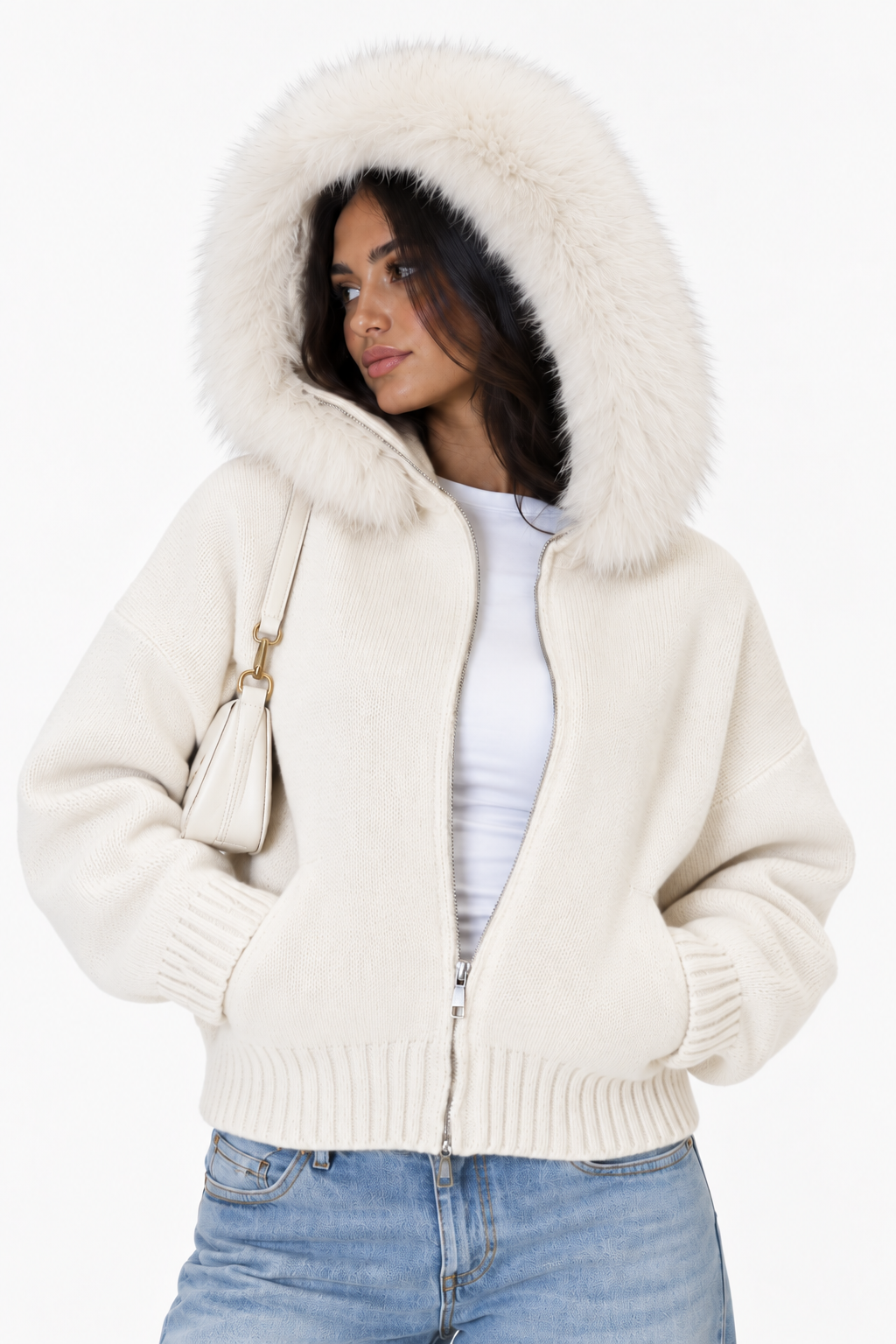 Fur Hood Knit Jacket