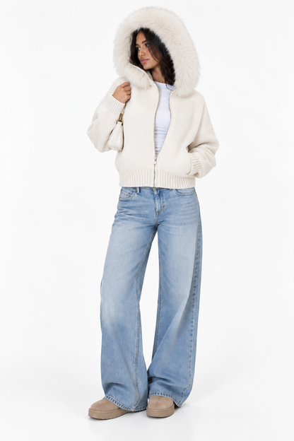 Fur Hood Knit Jacket